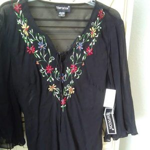 NWT- Temptation Embroidered Top with built in Cami/Tank
